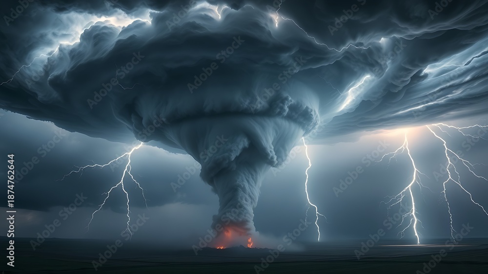 updraft. A powerful tornado with a calm center, rotating cloud walls ...