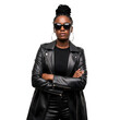 © Cipliart - A stylish woman confidently poses, wearing sunglasses and a leather jacket, isolated on transparent background