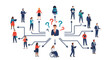 © SMSharif - Central businessman making decisions or delegating tasks indicated by arrows pointing to various diverse team members in a professional network.
