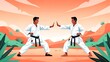 © PIXEL BOY - Two martial arts practitioners in traditional white gi with black belts practice defensive stances against each other during an intense outdoor training session.