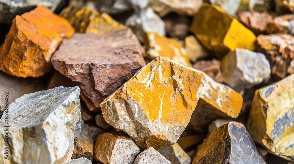 Ochre Ore Rocks bauxite. Pile of rough ochre bauxite ore samples in red and yellow ...
