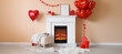 © Pixel-Shot - Interior of living room decorated for Valentine's Day with fireplace, hearts and balloons