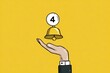 © ida - A hand holds a golden bell, topped with a number four, on a vibrant yellow background