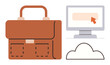 © robu_s - Business, career planning, remote work, cloud storage, digital tools, online management. A briefcase next to a monitor with a cursor and a cloud icon. Business and career planning theme
