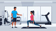 © PDWN Creative - Fitness training vector illustration of a woman performing lunges with dumbbells assisted by a male trainer in a gym setting