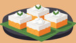 © Abir - Four delicious-looking squares of traditional indonesian layer cake, or talam ubi, are served on a plate with a banana leaf and topped with cream.