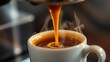 © Julian - crema. Close-up of steaming espresso flow, rich brown liquid with creamy texture, warm ambiance of a cozy cafe setting. bar promotions.