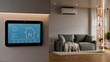 © Vanitjan - Smart home digital thermostat interface on wall with blurred modern living room background for energy saving concept- 3D rendering