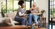 © OnPoint/peopleimages.com - Tablet, reading and wheelchair with old man and nurse for healthcare report, support or recovery plan. Online medical review, consulting or rehabilitation with senior person with a disability in home