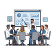 © Hafid - Diverse business team engaged in a meeting with a presenter using a pointer on a screen displaying graphs and charts in a modern office setting with a professional mood.