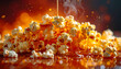 © Athiphat - Cinematic close up of popcorn with molten caramel threads stretching between kernels, warm golden tones, sweet and inviting, dramatic lighting, delicious snack