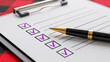 © Vertstyle - a checklist on a clipboard with a pen lying on it. Several boxes are checked with a purple marker. The background is a red and black checkered pattern. The pen is black with a gold tip