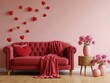 © Asma - Cozy pink living room with red sofa, heart decorations, and flowers isolated on white background