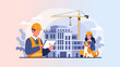 © yeza - A vector illustration of construction workers on a site with a building, crane, and a friendly dog