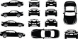 © VectoVerse - Car silhouette set, sports coupe side view, front and rear vehicle perspective, top view sedan, auto industry design elements, cad drawing flat vector illustration
