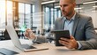 © Fazlur - Businessman using tablet and laptop, isolated on transparent background