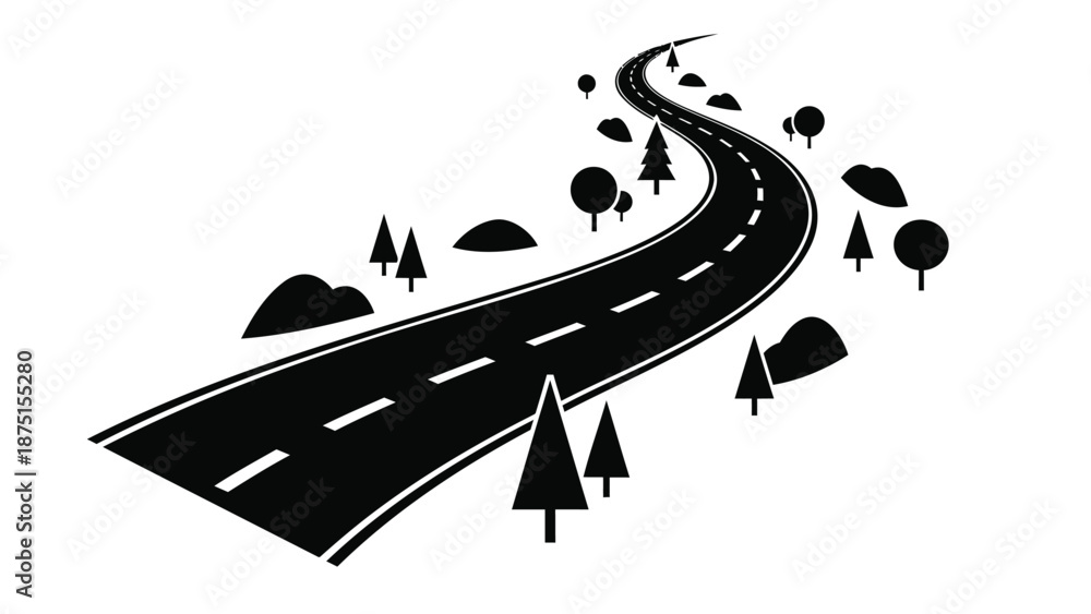 A black and white illustration of a winding road with trees and hills ...