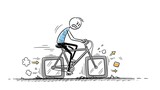 Stick Figure Man Cycling Fast on Square Wheels Bicycle.