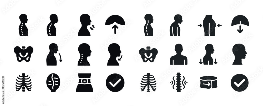 Human anatomy icons: spine, posture, joints, and muscles in silhouette