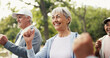 © DavidsPrime/peopleimages.com - Fitness, retirement and step class with old woman outdoor for activity, health or wellness routine. Exercise, mobility and morning with group of happy senior people in park together for workout