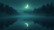© Dandi - A serene crescent moon reflecting in a misty lake surrounded by dark forest at night.