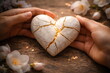 © Anastasiia - Hands holding a broken ceramic heart repaired with golden seams symbolizing healing and emotional restoration.