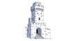 © Protik - Illustrated stone castle tower with a tall central structure and smaller side walls featuring an arched entrance and several windows.