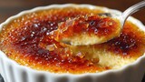 Close-up of spoon breaking glossy caramel crust on classic french crème brûlée in white ramekin against blurred warm wooden background, concept of gourmet dessert indulgence