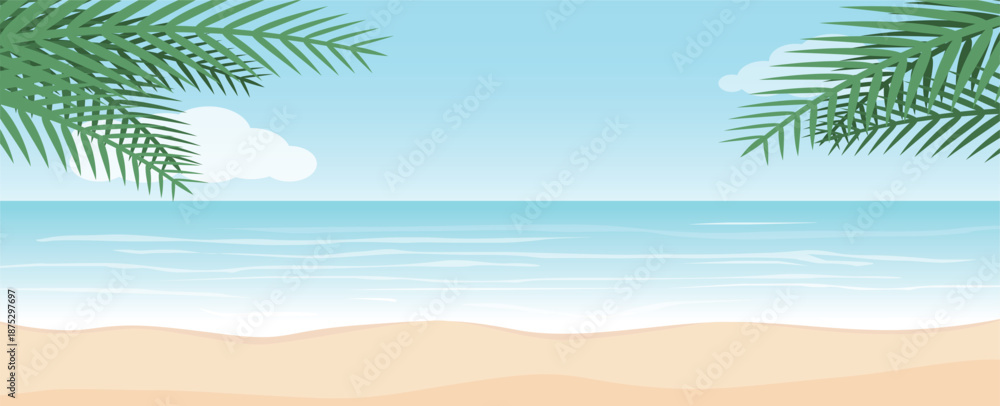 Summer holiday and Sea beach with palm tree leaves background