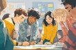 © Volodymyr - Group of happy young students working together on creative project in classroom teamwork modern education and friendship concept illustration