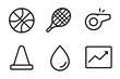 © peppastocker - Sports Icon Set. Physical Activity sports set in outline vector style: ball icon, racket, whistle, goal marker, sweat droplet, performance chart
