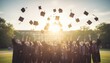 © olga_demina - Celebrating Success With Joyful Friends, Students Rejoice As They Throw Hats In Air, Students Joyfully Mark Graduation Day With Hats Flying High During Evening Celebration On Campus