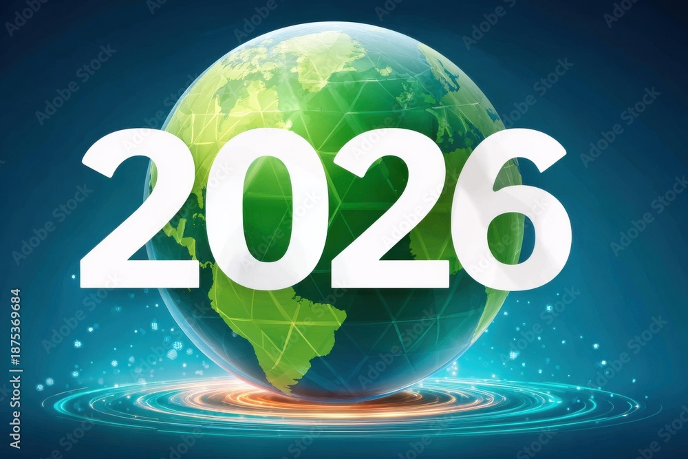 Photo Stock Global 2026: A white 2026 over a green globe with digital ...