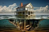 House with a damaged foundation submerging into rising water, symbolizing climate change impact