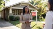 © ArtMajestic - Black woman real estate agent smiling and talking to client in front of house with sold sign. Successful property sale and home ownership business banner with copy space