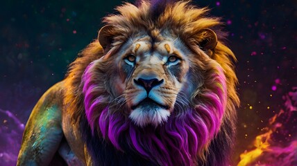  Colorful Neon Lion with Vibrant Mane in Cosmic Background