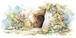 © Irina - An empty tomb with a fallen stone surrounded by lush spring flowers on a white background. Easter watercolor card, symbol of resurrection, hope and renewal.