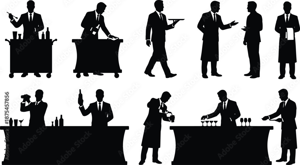 Bartender and waiter silhouettes set showing cocktail preparation, drink serving, catering and restaurant service staff in professional hospitality and bar scenes