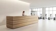 © crispy - Woman receptionist working at a wooden reception desk in a modern gym with exercise equipment. Fitness center welcome area design
