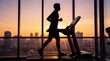 © crispy - Silhouette of man running on treadmill in gym with city view at sunset. Fitness and healthy lifestyle concept for exercise equipment promotion