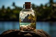 © juliars - Tropical beach paradise with palm trees and turquoise ocean water encapsulated inside a glass bottle