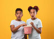 © Prostock-studio - Shocked black kids boy and girl eating popcorn, watching spooky movie at cinema over yellow studio background. African american preteen brother and sister spending time together