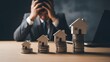 © Artfinity - Stressed businessman behind house models on coin stacks. Real estate crisis and mortgage debt. Man holding head in despair behind miniature homes representing rising property costs