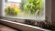 © BlackLion - Water condenses on a window with mold and plants visible outside during a rainy day