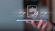 © Krittamet - E-signature, online agreement, contract, secure document management and paperless business. Digital contract approval concept with documents and checkmark icons above a smartphone.