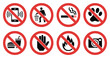 © WelcomeJune - Prohibited vector icon collection including no cell phone, no littering, no smoking, no pets, no eating and drinking, do not touch, no fire, and no photography signs, ideal for warning signs