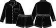 © fulbabu - Black vector flat technical sketch of mens pajama set including long sleeve button down shirt and shorts isolated on white,