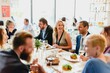© Rawpixel.com - A diverse group of people enjoying a lively dinner party. The scene features men and women of various ethnicities, sharing laughter and delicious food at a beautifully set table.