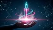 © Artfinity - Digital rocket launch from a human palm. Startup innovation and business expansion. Glowing spaceship lifting off from a hand with light trails and network connections