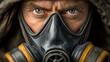 © Nataliia_Trushchenko - Close-up portrait of a man in a protective gas mask, highlighting piercing blue eyes and rugged features, symbolizing strength and resilience in a challenging environment with copy space